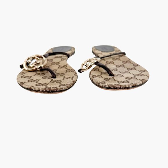 Gucci Interlocking GG Flat Thong Sandals Size 7 Brown Monogram Flip Flop Slide - Picture 5 of 12